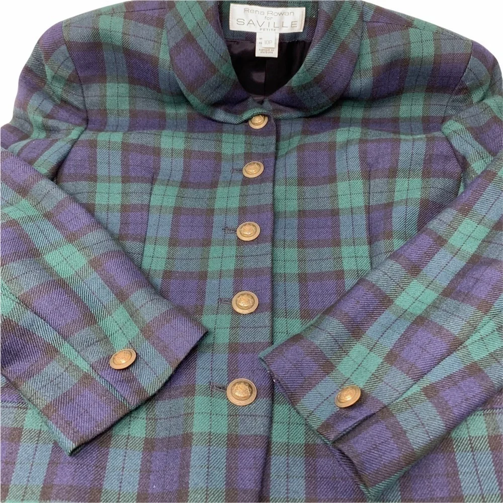 Y2K Rena Rowan Saville Wool Blend Tartan Plaid Blazer Brass Buttons Size 10P